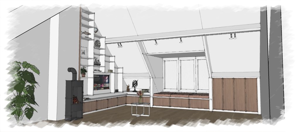 Ontwerpvisualisatie van maatwerk kastenwand voor rustige slaapkamer