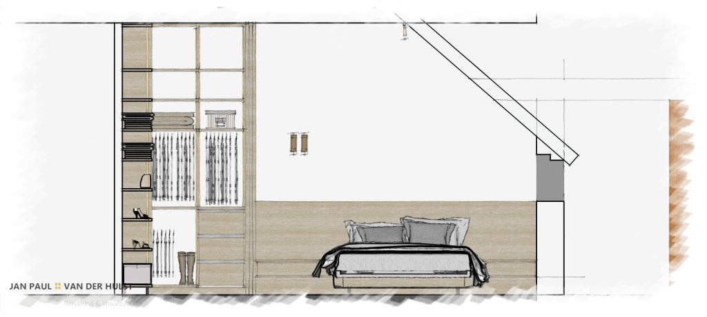 Ruimtelijk ontwerp van slaapkamer met inloopkast en badkamer