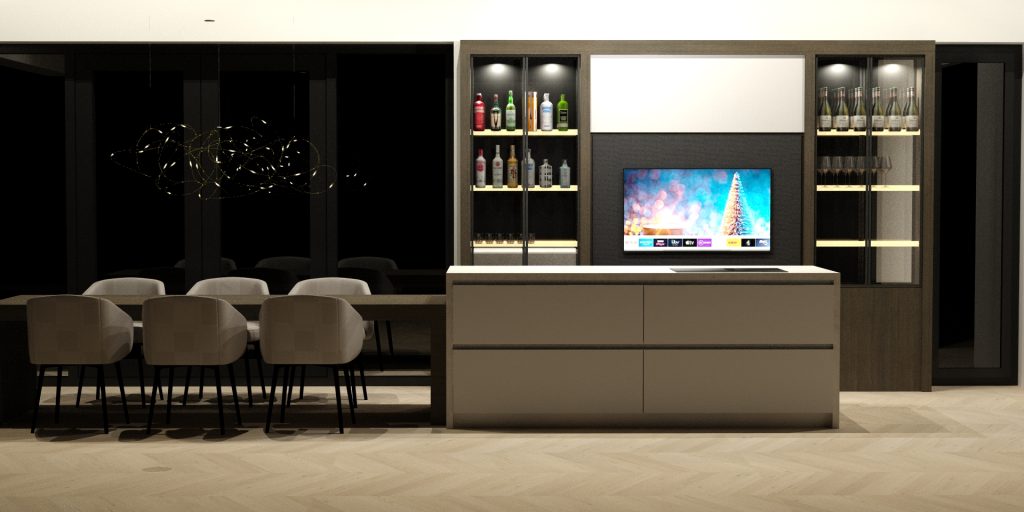 Interieurvisualisatie van keuken en woonruimte met materiaalkeuzes